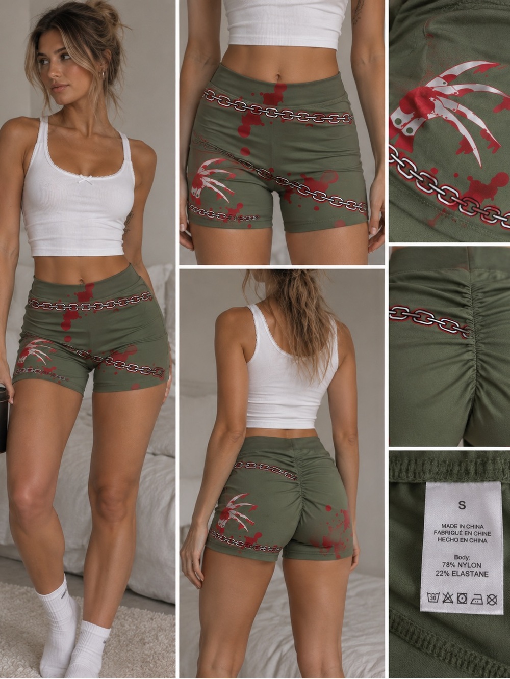 Darc Sport Olive High-Rise Athletic Shorts with Red Graphic Chains
